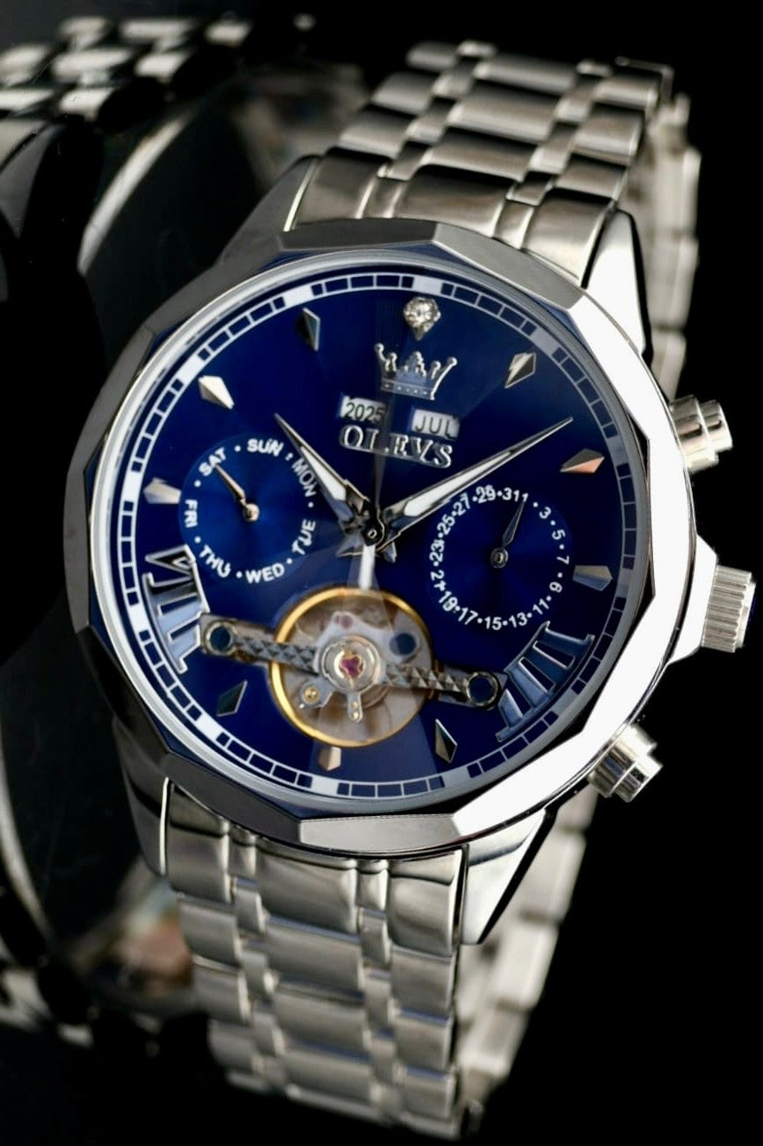 OLEVS Automatik Herren Armband Uhr Herrenuhr Blau Silber Farben + Kalender Neu1