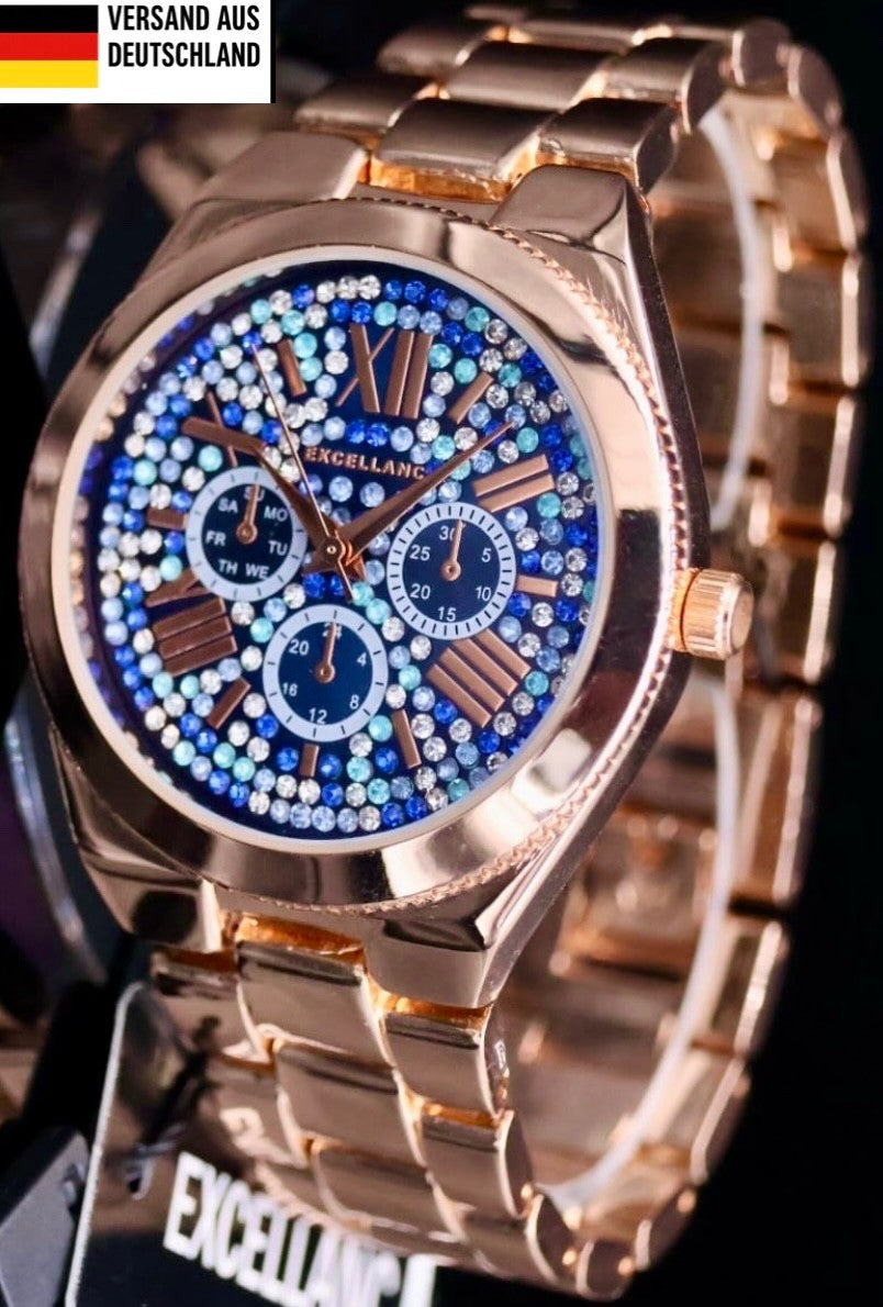 Excellanc Damen Uhr Roségold Blau Farben Strass Armband Luxus Optik Elegant0
