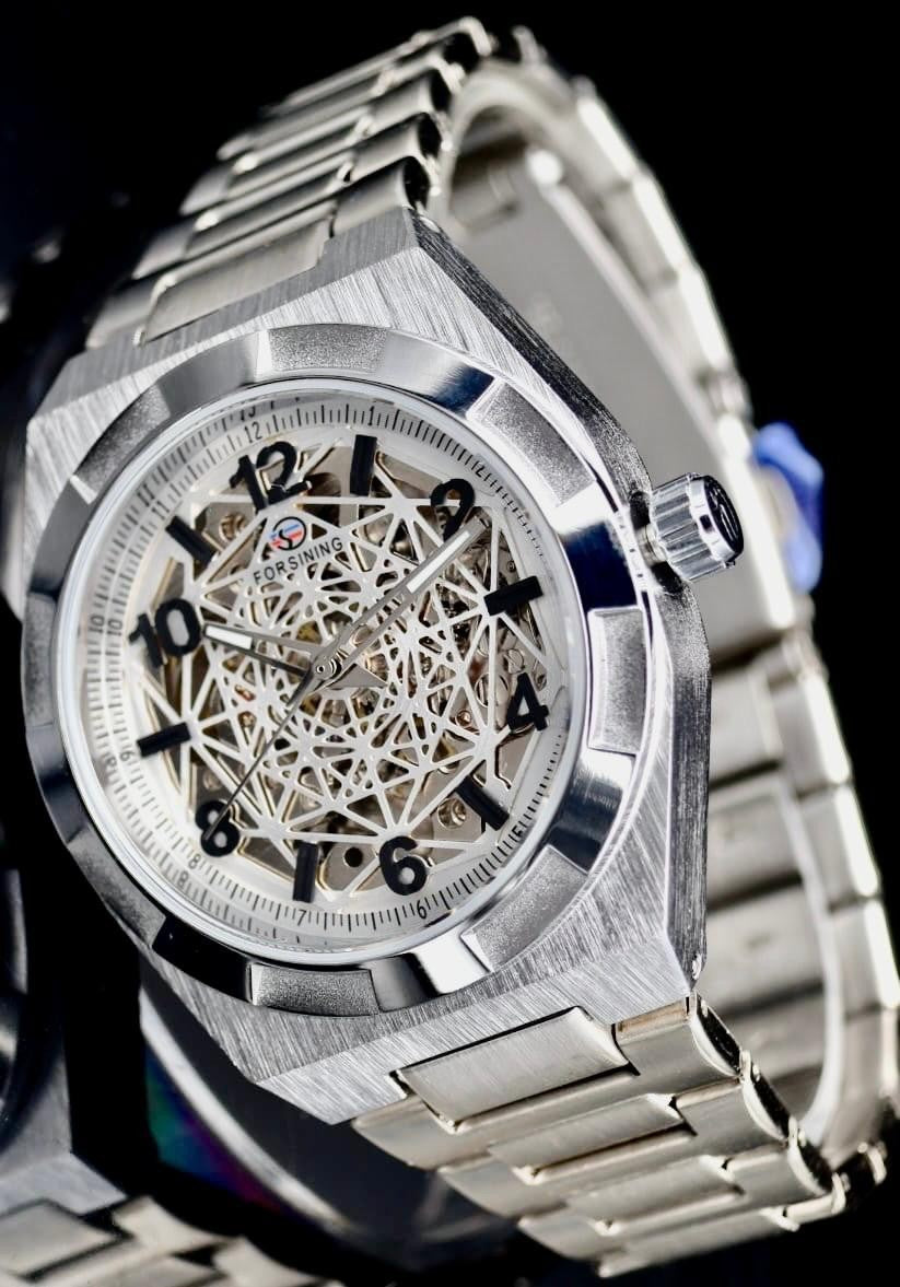 Edle Herren Männer Automatik Uhr Silber Farben Skelettuhr mit Leuchtzeiger NEU0