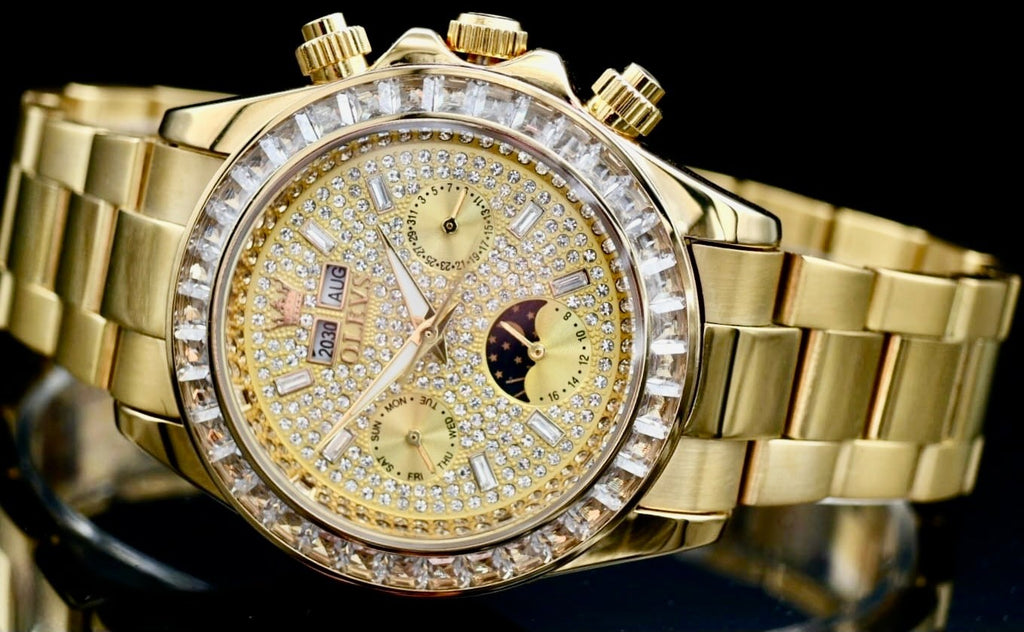 OLEVS Herren Automatik Uhr Herrenuhr Edelstahl Band Goldfarben Neu mit Kalender1