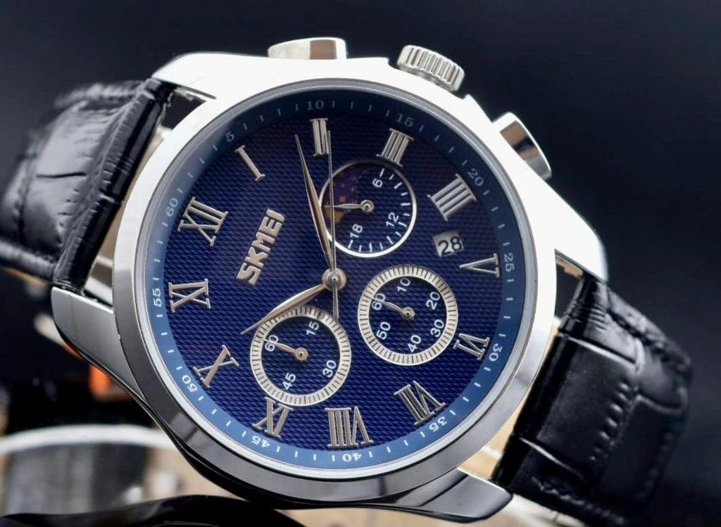 SKM - HERRENUHR - CHRONOGRAPH - DATUM - KLASSISCH- LEDER - BLAU - 44MM - NEU1