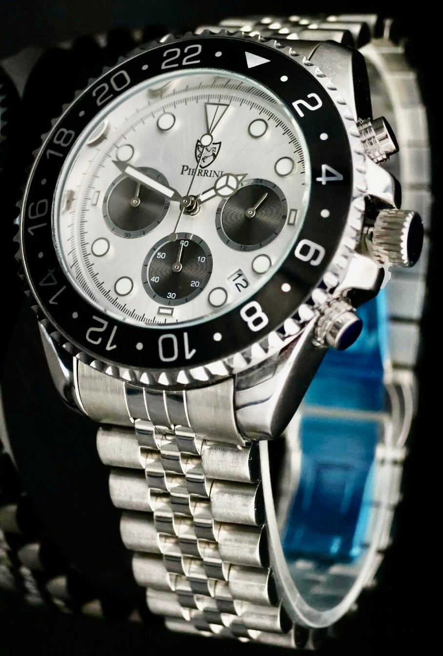 Pierrini Herren Armband Uhr Chronograph Stoppuhr Datum Schwarz Silber Farben0