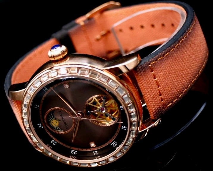 Edle Forsining Damen Automatik Uhr Bronze Rosé mit Crystal Besatz - offene Unruh1