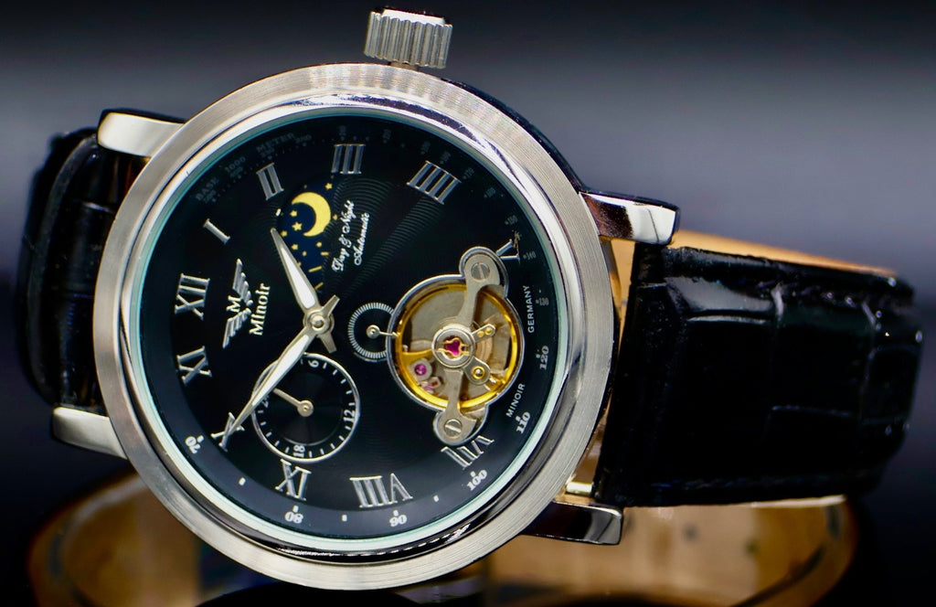 Edle Herren Männer Uhr Automatikuhr Armbanduhr Minoir Herrenuhr mit Lederband1