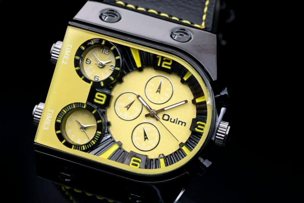 Dual Timer Herrenuhr Gelb Schwarz Farben Leder Armband Männer Uhr im Chrono Look2