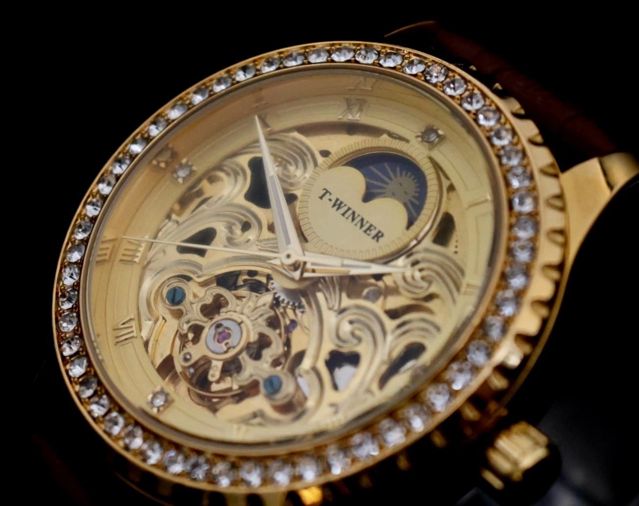 T-Winner Herren Männer Armband Uhr Automatikuhr Gold Braun Farben offene Unruh1