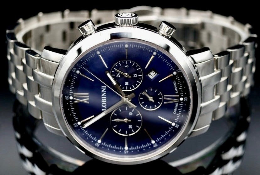 Lobinni Herren Männer Uhr Chronograph Stoppuhr Datum Silber Blau Farben NEU1