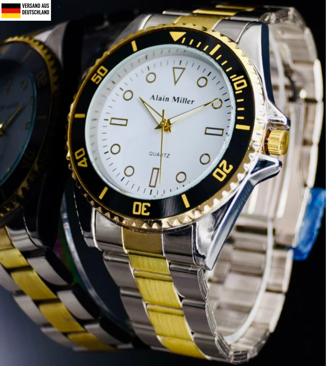 Alain Miller Herren Armband Männer Uhr Bicolor Silber Gold Schwarz Farben0
