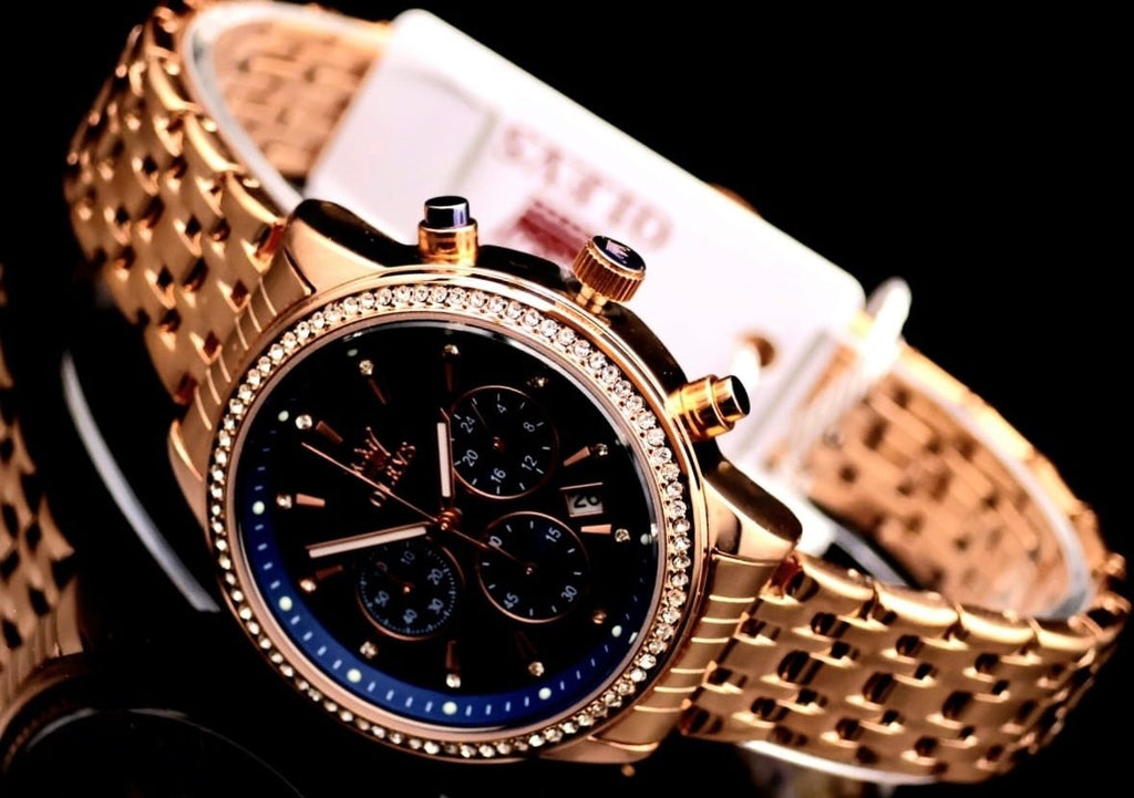 Edle Damen Armband Uhr Chronograph Stoppuhr Datum Blau Rose Gold Farben NEU1