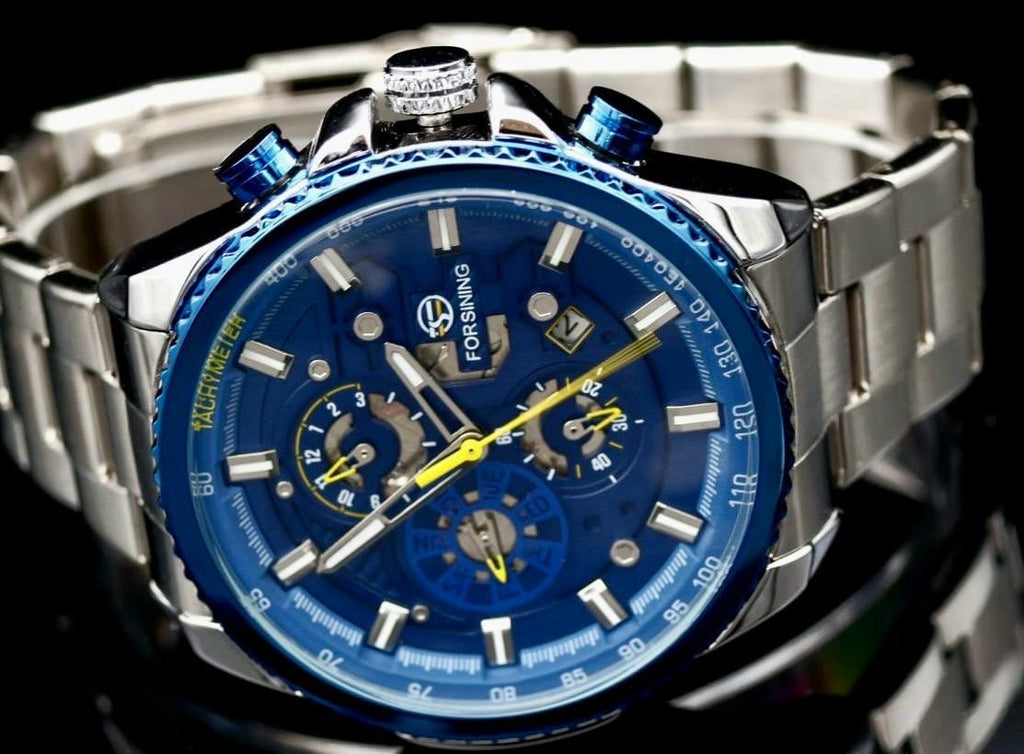 Exklusive Herren Männer Automatik Uhr Blau Silber Farben sport Design Kalender1