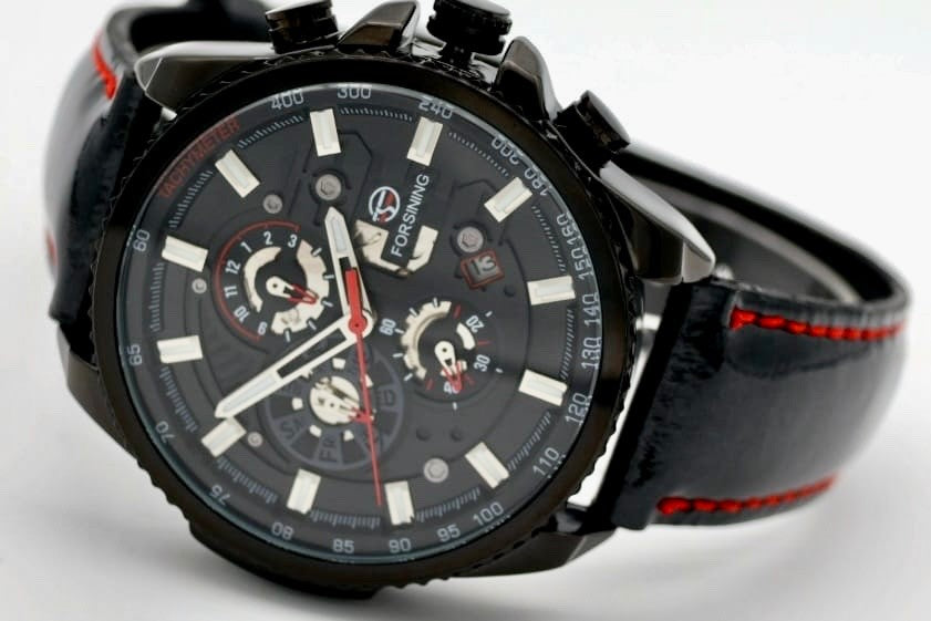 Sportliche Herren Männer Automatik Uhr Rot Schwarz Farben mit Lederarmband NEU *1