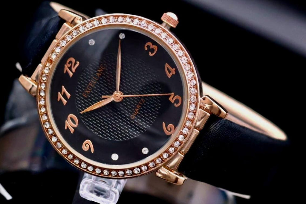 Excellanc Damen Frauen Armband Uhr Schwarz Roségold Farben Damenuhr Strass Slim1