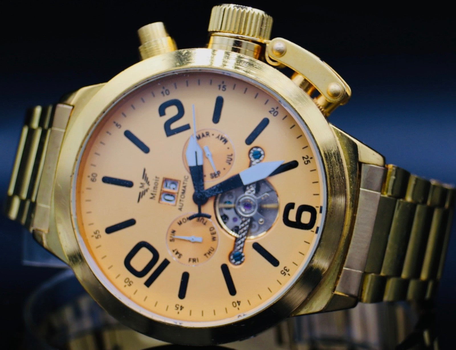 Mega Edle XXL Herren Männer Uhr Automatikuhr Armbanduhr Minoir Herrenuhr Gold1