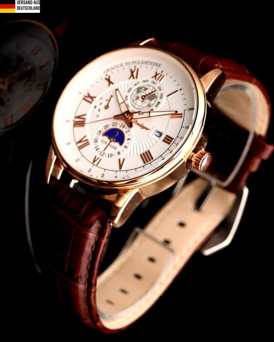 Edle Herren Männer Leder Armband Uhr Weiß Braun Farben Chrono Look Herrenuhr0