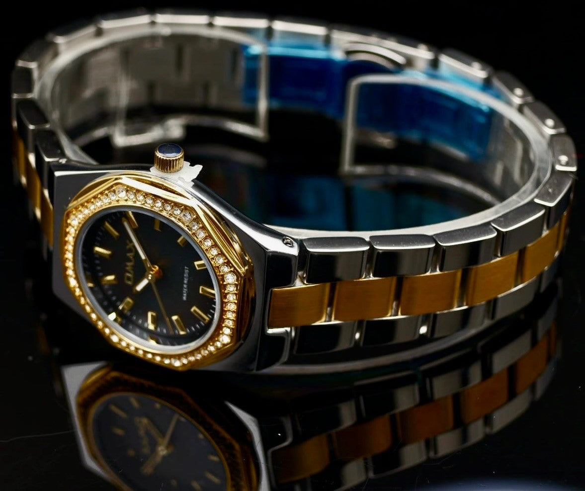 Omax Damen Armband Uhr Silber Gold Farben Bicolor Damenuhr Strass IP Veredelt **0