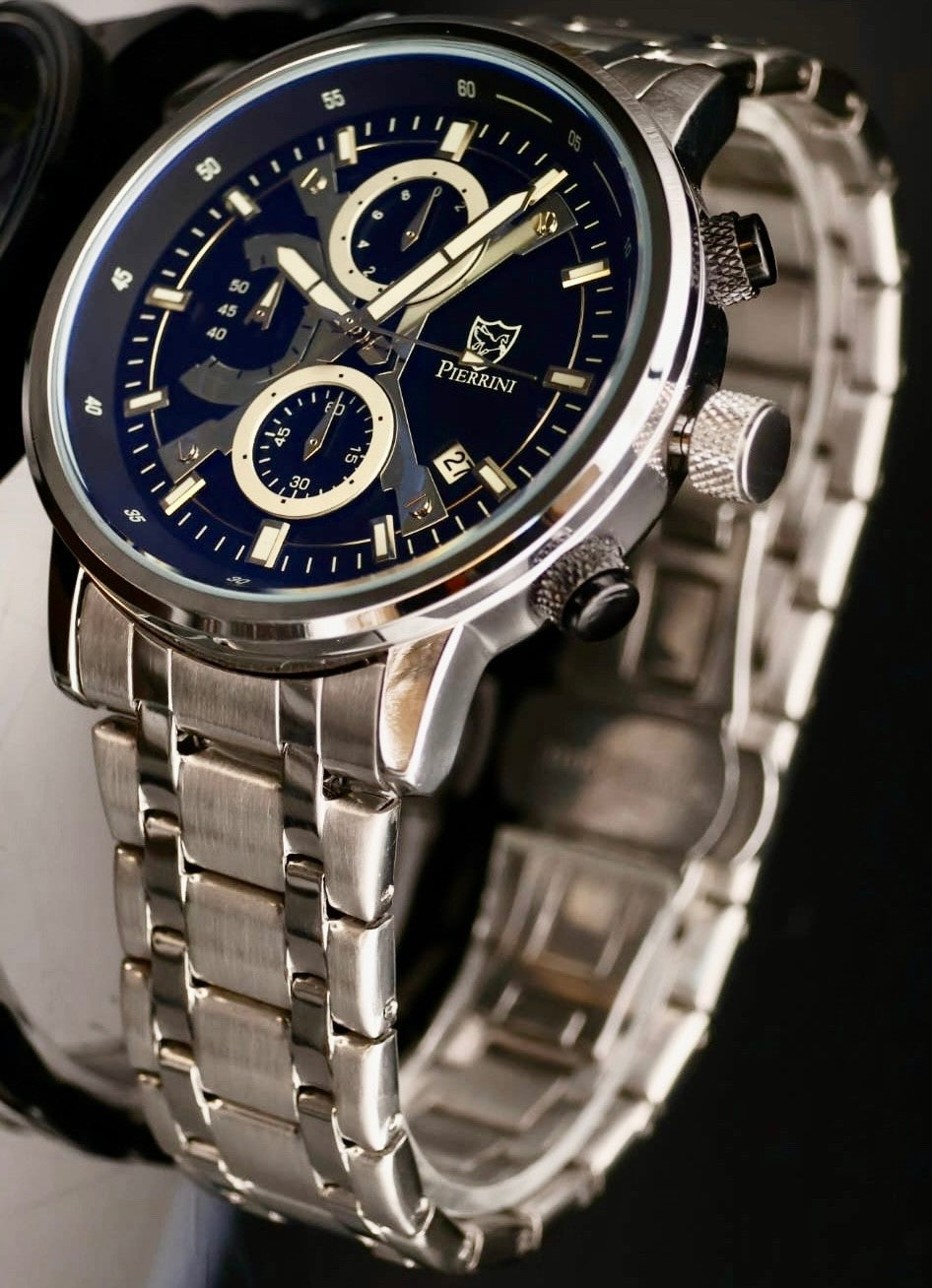 Pierrini Herren Armband Uhr Chronograph Stoppuhr Datum Silber Schwarz Farben*731