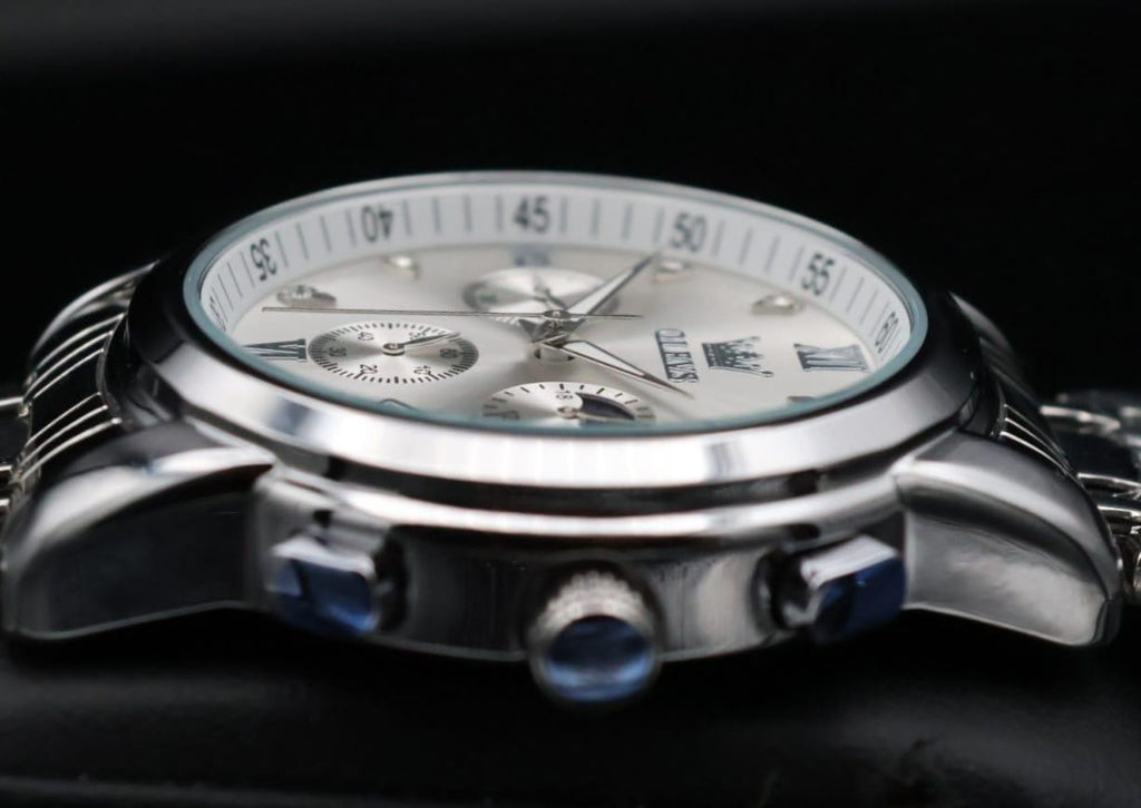 OLEVS Herren Armband Uhr Herrenuhr Chronograph Silber Edelstahl Mondphase Datum2