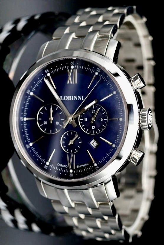 Lobinni Herren Männer Uhr Chronograph Stoppuhr Datum Silber Blau Farben NEU0
