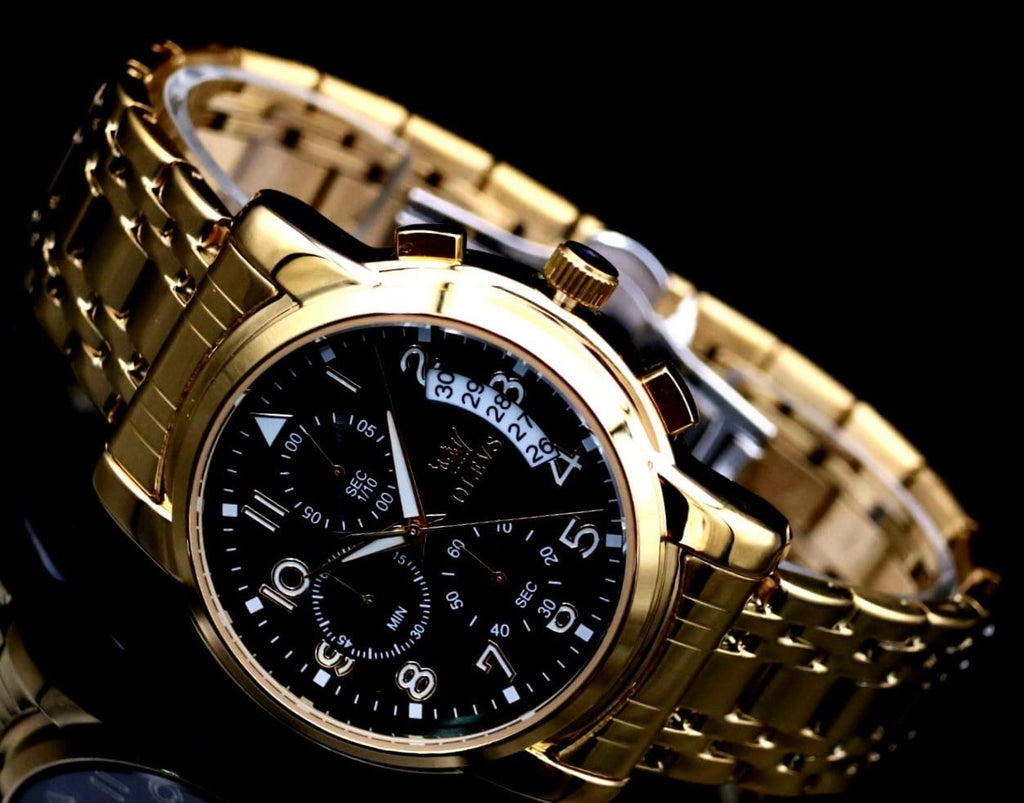 Herren Männer Armband Uhr Chronograph Stoppuhr Datum Schwarz Gold Farben NEU **1