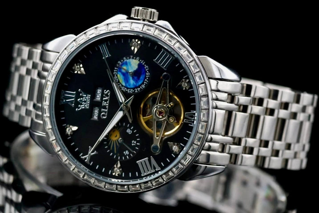 OLEVS Herren Automatik Uhr Armbanduhr Edelstahl Schwarz Silber Kalender Datum1