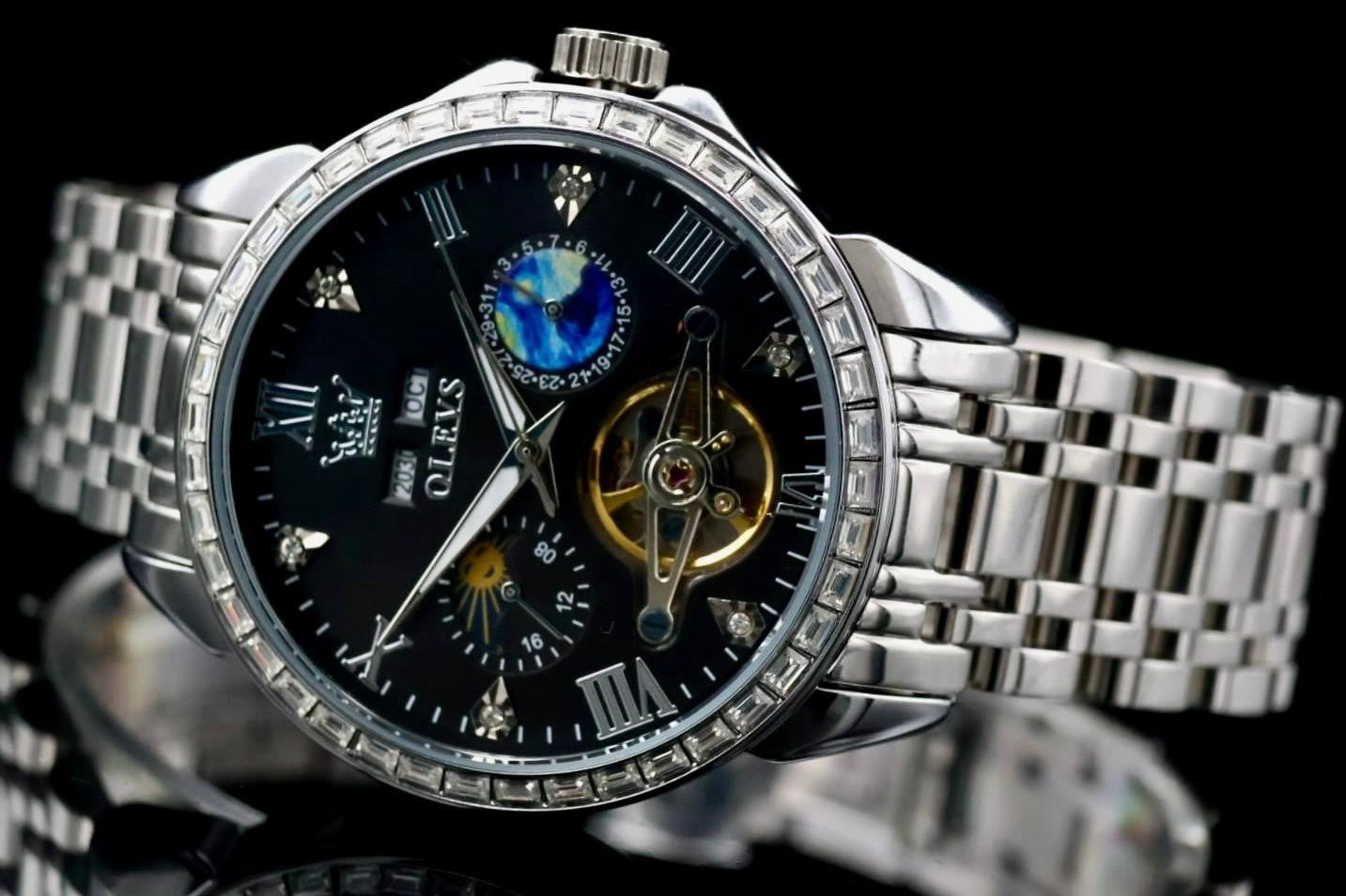 OLEVS Herren Automatik Uhr Armbanduhr Edelstahl Schwarz Silber Kalender Datum1