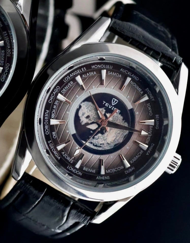 TEVISE Herren Automatik Armband Uhr Weltuhr Lederband Glasboden 42mm1