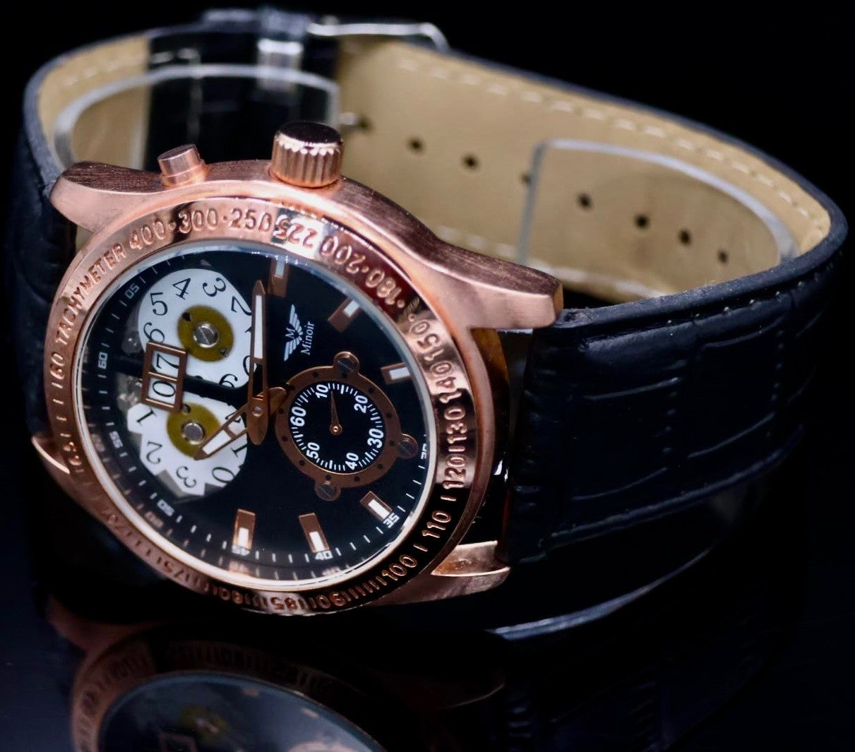 Minoir Herren Uhr Automatik Armbanduhr Schwarz Rosé Farben Herrenuhr Lederband1