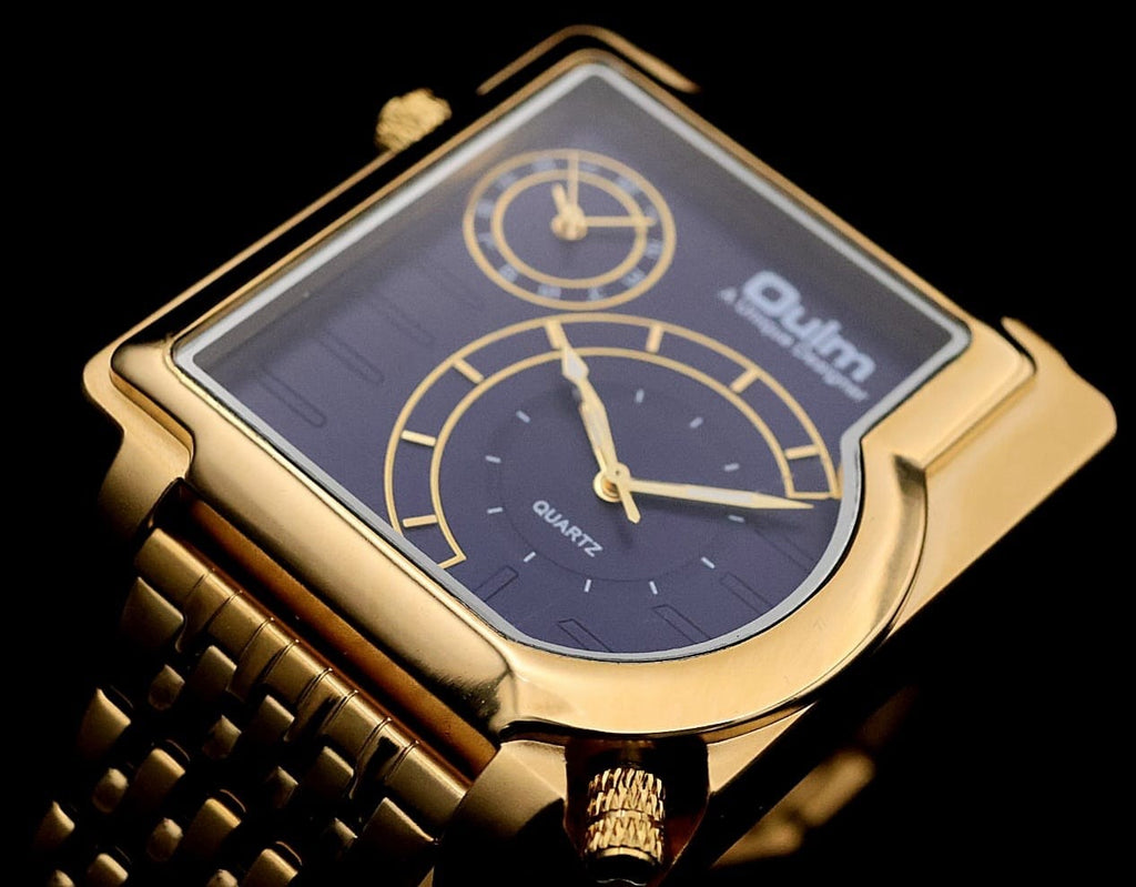 Edle Dual Timer Watch Herren Edelstahl Armband Uhr Blau Gold Farben Herrenuhr2