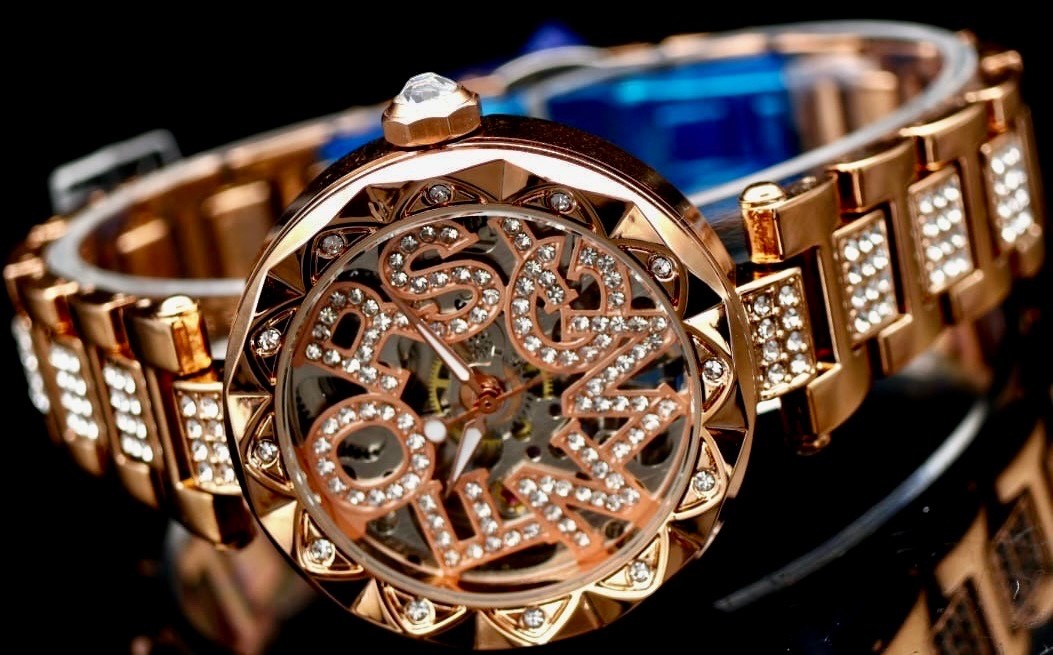 Exklusive Damen Automatik Uhr mit ausgefallenem Ziffernblatt Strass Rosé Farben1