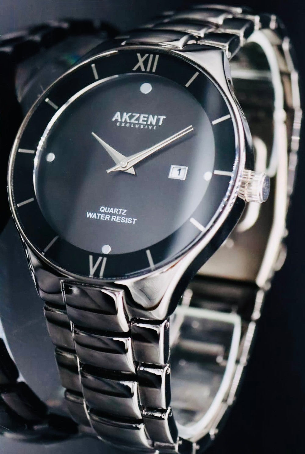 Akzent Exclusive Herren Männer Armband Uhr  Schwarz im Flachem Design1