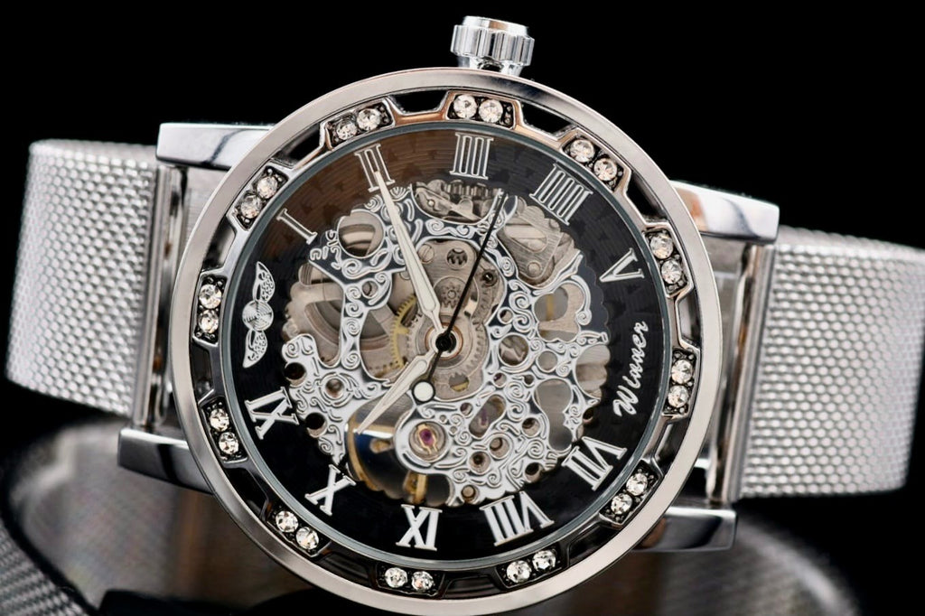 Winner Herren Automatikuhr Silber Schwarz Mechanisch Skelett Uhr Luxus Design0