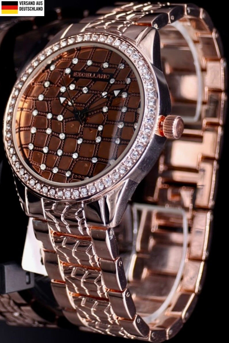 Excellanc Damen Frauen Armband Uhr Roségold Farben Damenuhr  Crystal Besatz0