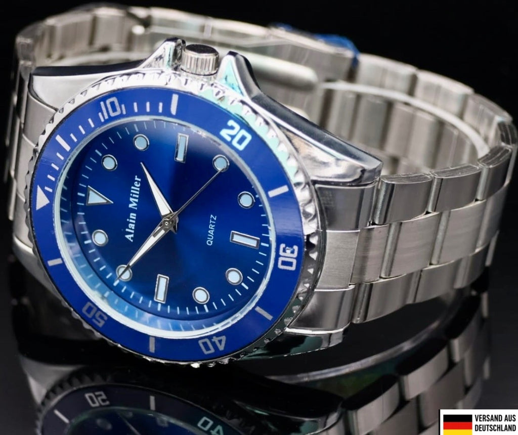Alain Miller Herren Armband Männer Uhr Silber Blau Farben sportliches Design0