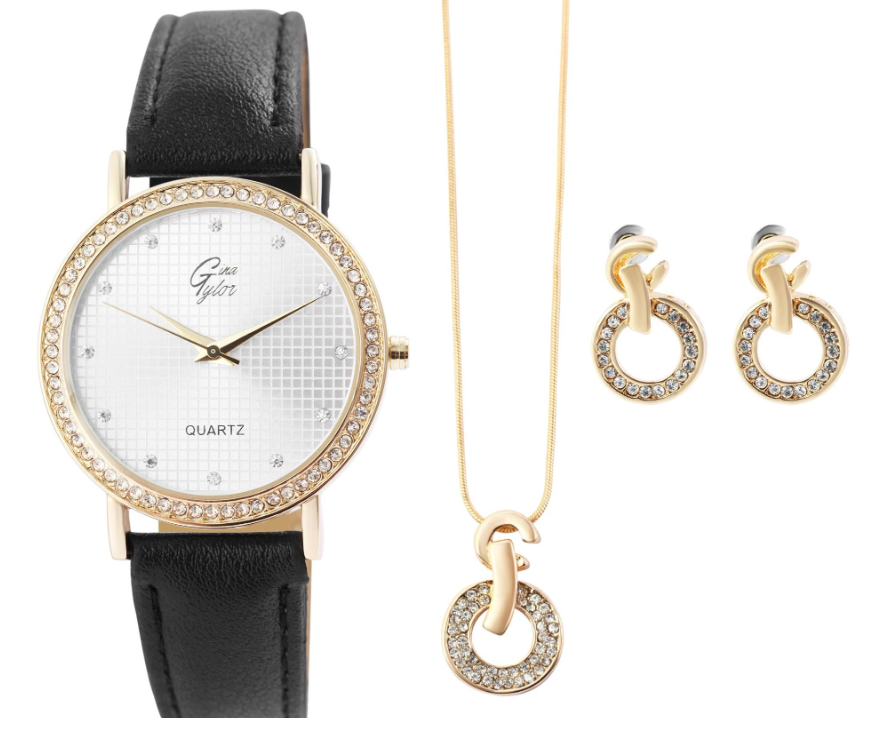 GinaTylor Damen Geschenkset Armbanduhr Halskette und Ohrringe Schwarz Goldfarbig2