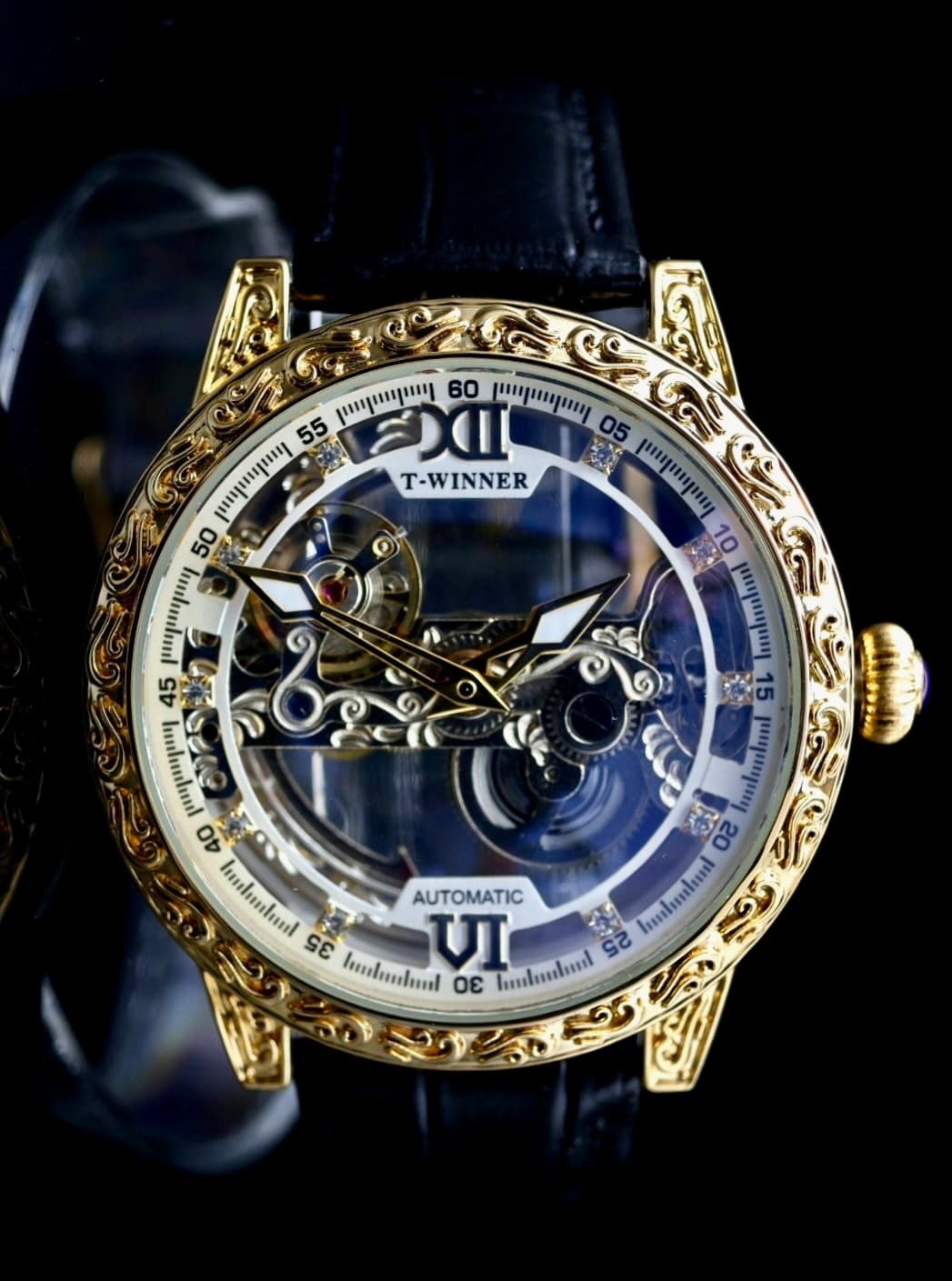 T-WINNER Herren Automatikuhr Gold Blau Farben Vintage Uhr Leder Luxus Design1