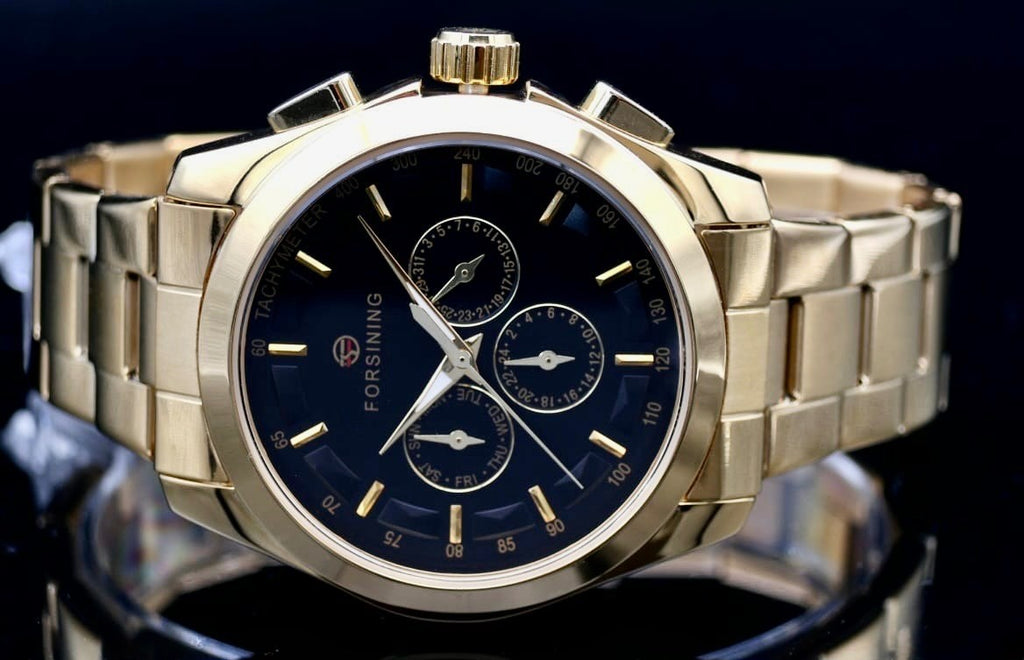 Edle Herren Männer Automatik Uhr Schwarz Gold Farben mit Chronographenfunktion #1