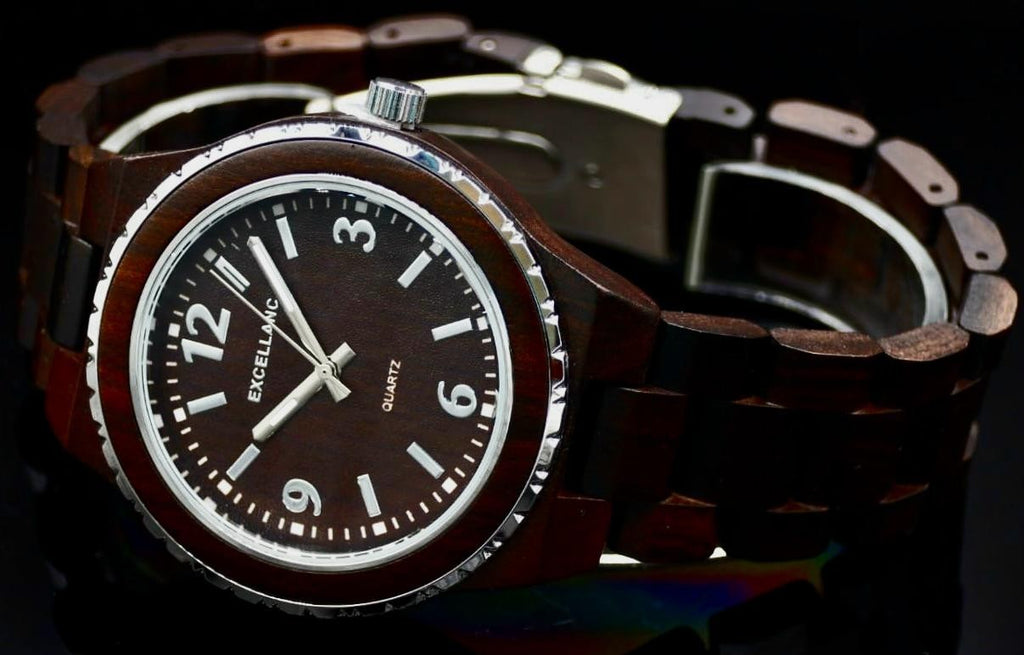 Excellanc  Damen Herren Unisex Holz Armband Uhr Braun Silber Farben Schwarzholz1