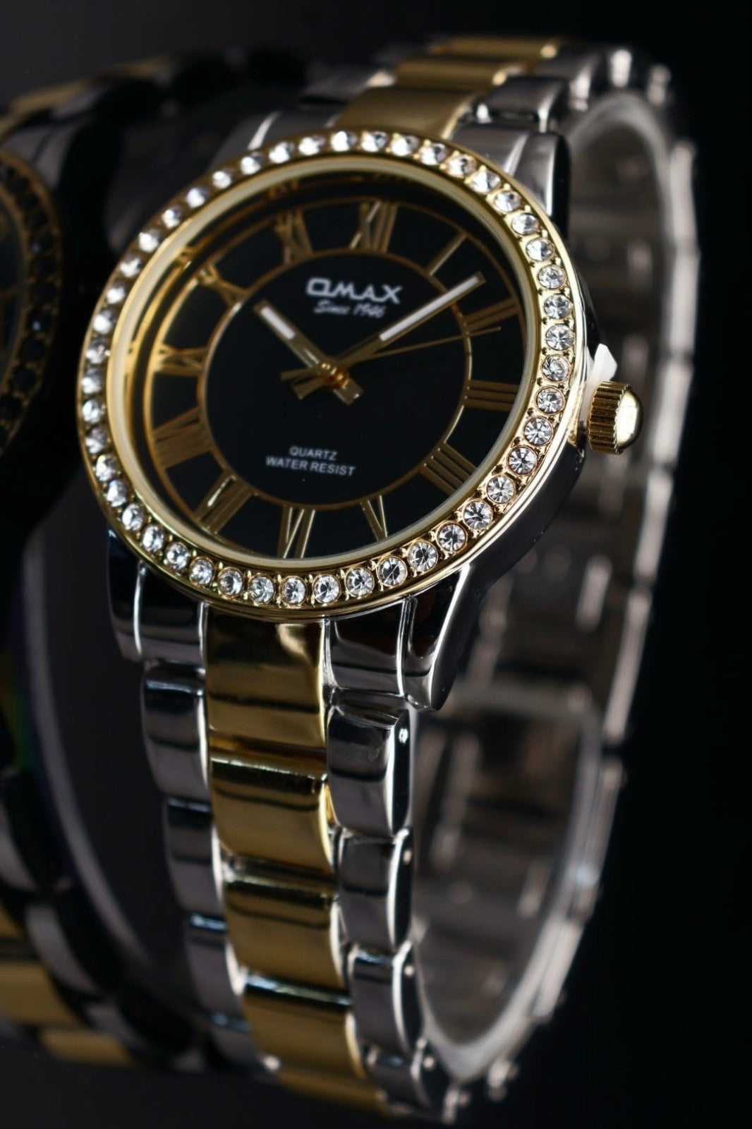 Mega Edle Omax Damen Armband Uhr Silber Gold Farben  Damenuhr Strass IP Veredelt0