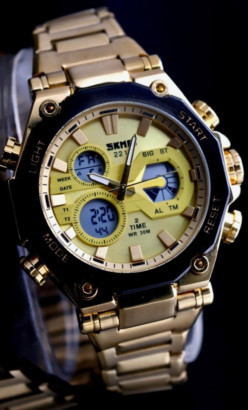 SKM Digital & Analog Herren Männer Uhr  Sportliche Armbanduhr Gold Farben 50mm0
