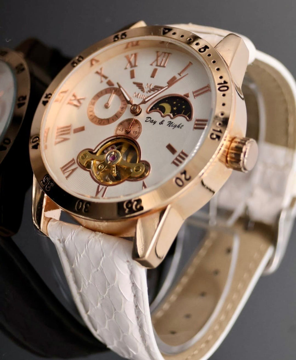 Minoir Automatik Herren Armbanduhr Modern mechanisch mit Glasboden Weiß Rosé1