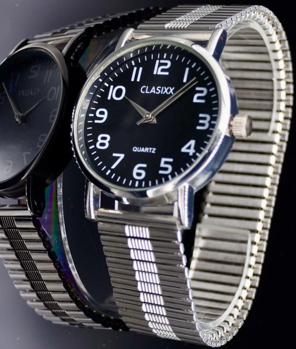 Clasixx Herren Edelstahl Armband Uhr Zugband Silber Schwarz Farben Zugarmband1