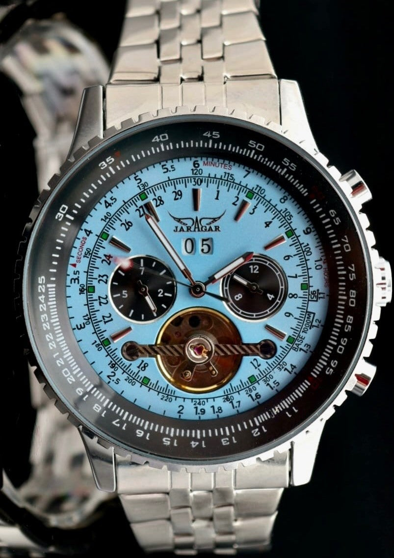 JARAGAR - AUTOMATIK - HERREN - UHR - EDELSTAHL - KALENDER - TÜRKIS -  50MM - NEU1