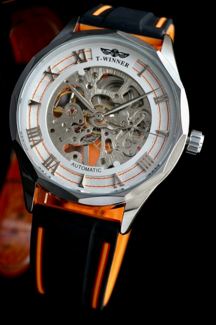 T-WINNER Herren Handaufzug Mechanisch Silber Orange Skelett Uhr Silikon Sport0