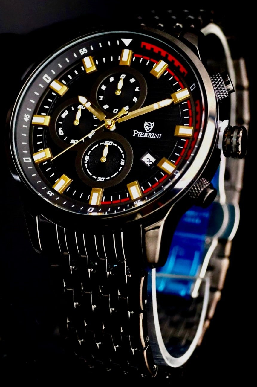 Pierrini Herren Armband Uhr Chronograph Stoppuhr Datum Keramik Look Neu mit Box*0