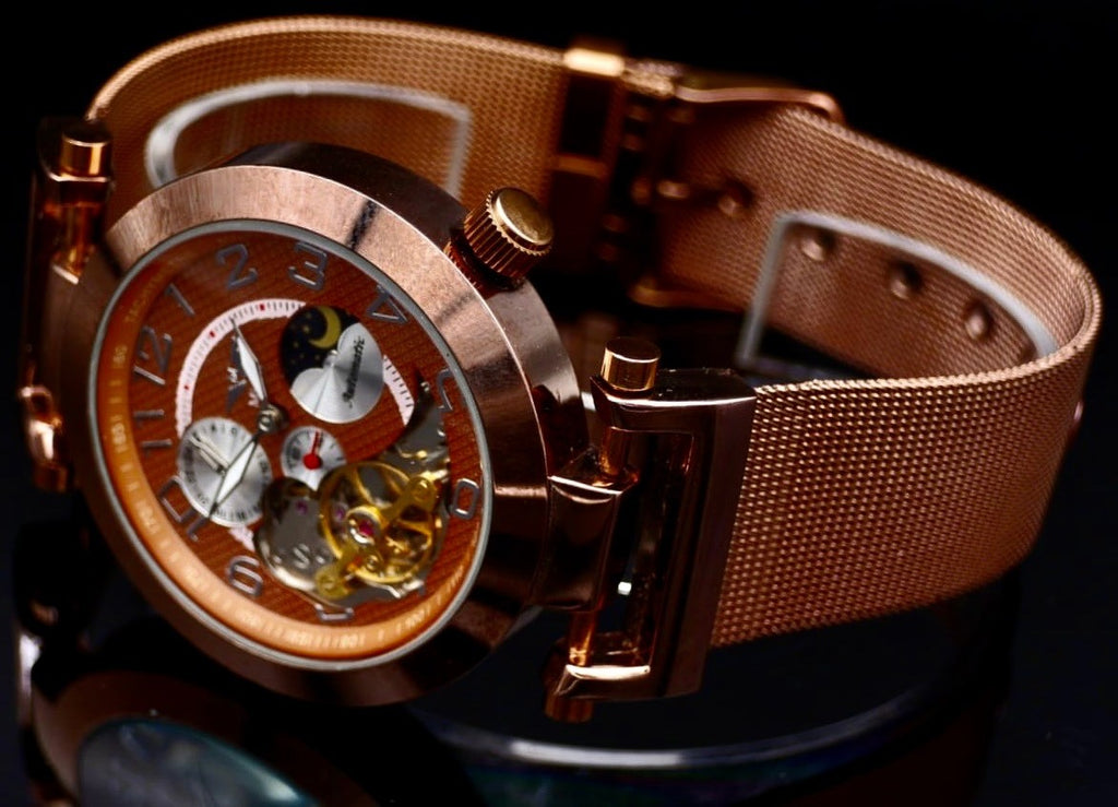 Edle Herren Uhr Automatikuhr Mesh Armbanduhr Minoir  Bronze Farben offene Unruh1