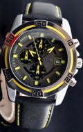 SKM - HERRENUHR - CHRONOGRAPH - SPORT DESIGN - DATUM - LEDER - SCHWARZ - GELB0