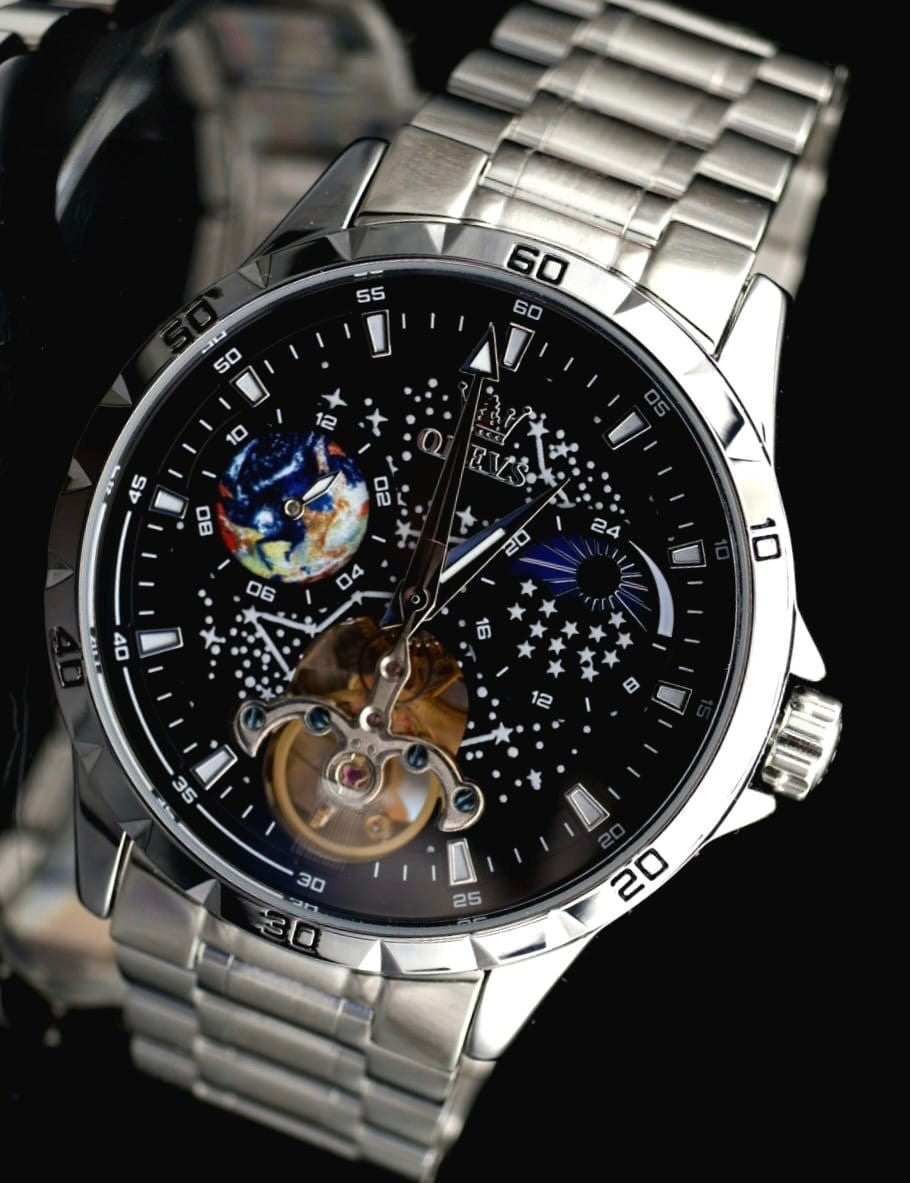 OLEVS Automatik Herren Armband Uhr Silber Farben Herrenuhr mit Weltraum Optik0