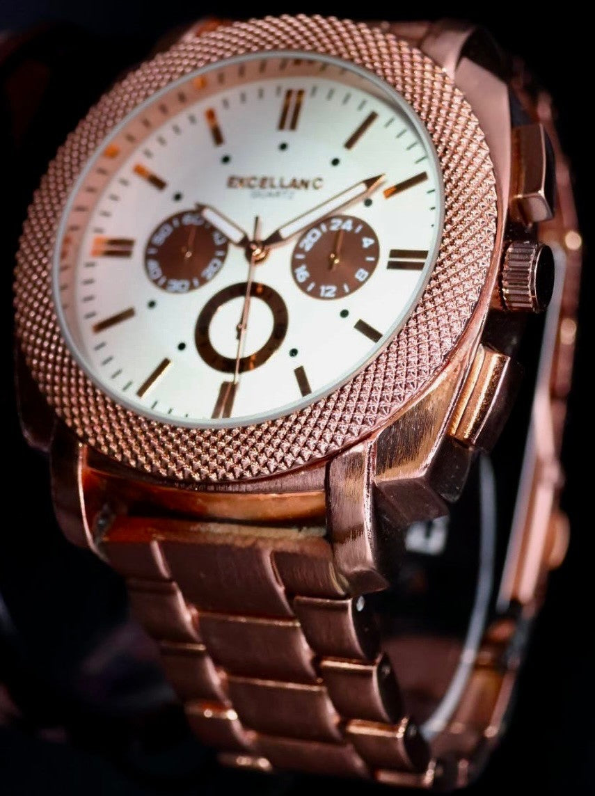 Edle Excellanc Herren Männer Armband Uhr Weiß Rosé Farben Herrenuhr Chrono-Look1