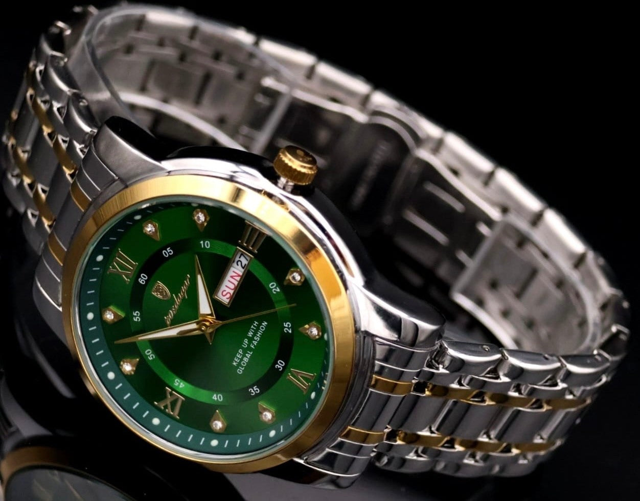 Edle Herren Männer Uhr Armbanduhr Grün Bicolor Farben mit Tag/Datumsanzeige NEU0
