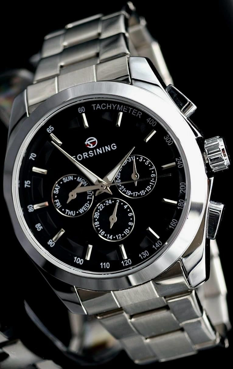 Edle Herren Männer Automatik Uhr Schwarz Silber Farben mit Chronographenfunktion0